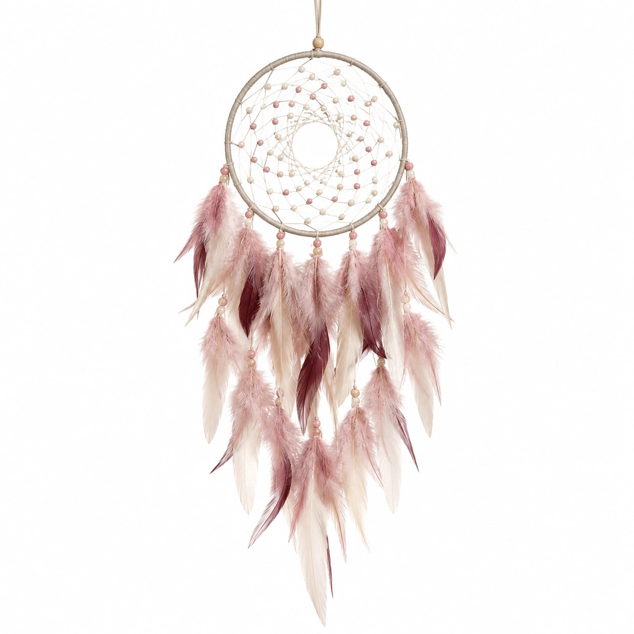Attrape-rêves mural 30 x 80 cm en corde rose beige et bordeaux style bohème décoratif