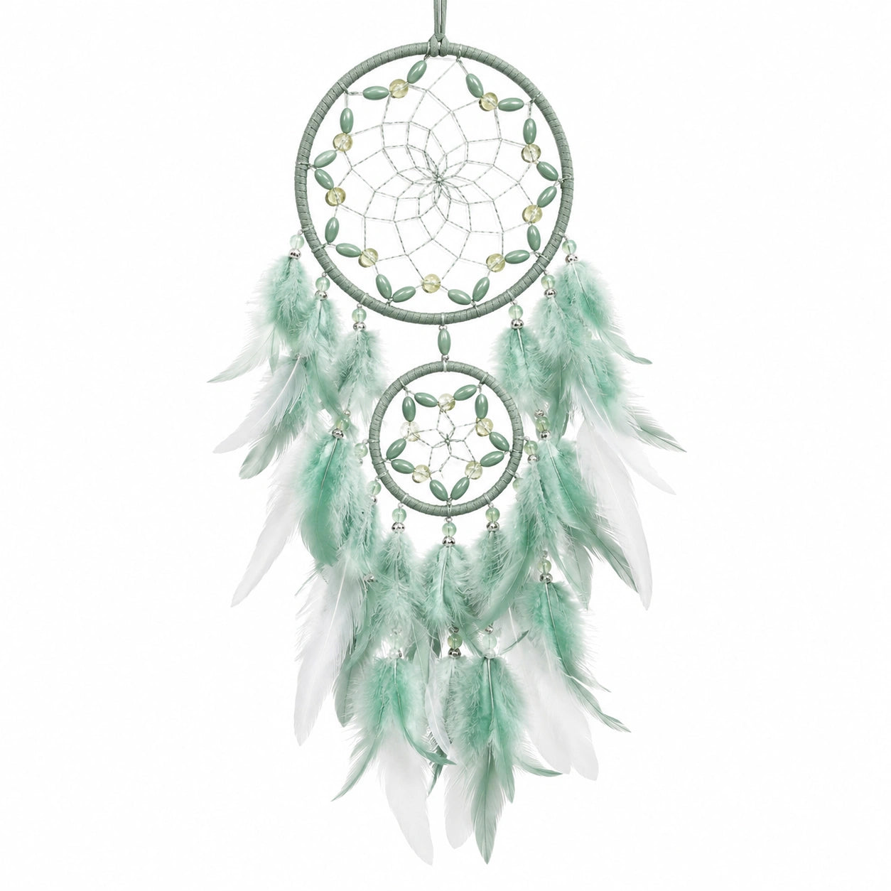 Attrape-rêves suspendu 25 x 70 cm vert menthe et blanc à plumes style bohème