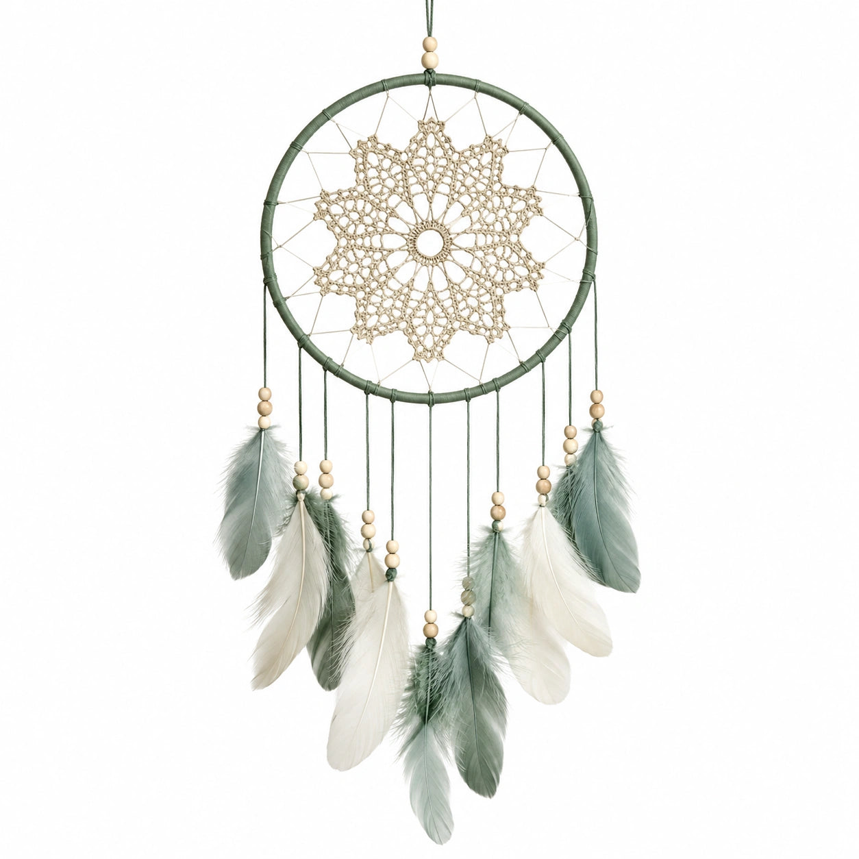 Attrape-rêves 30 x 75 cm en fibres tressées vert sauge et blanc - décoration murale bohème