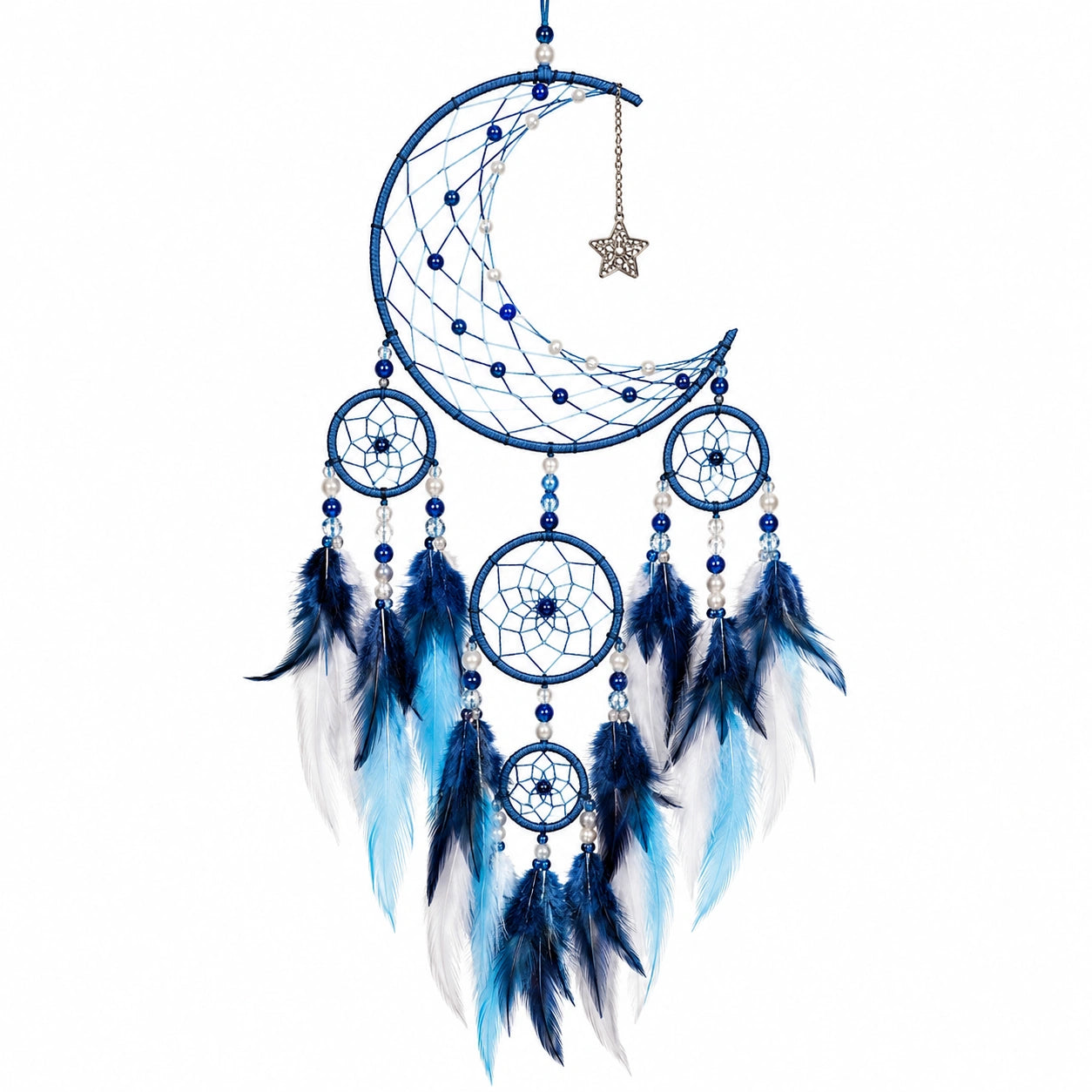 Capteur de rêves 25 x 65 cm en fil bleu avec plumes décoration murale suspendue