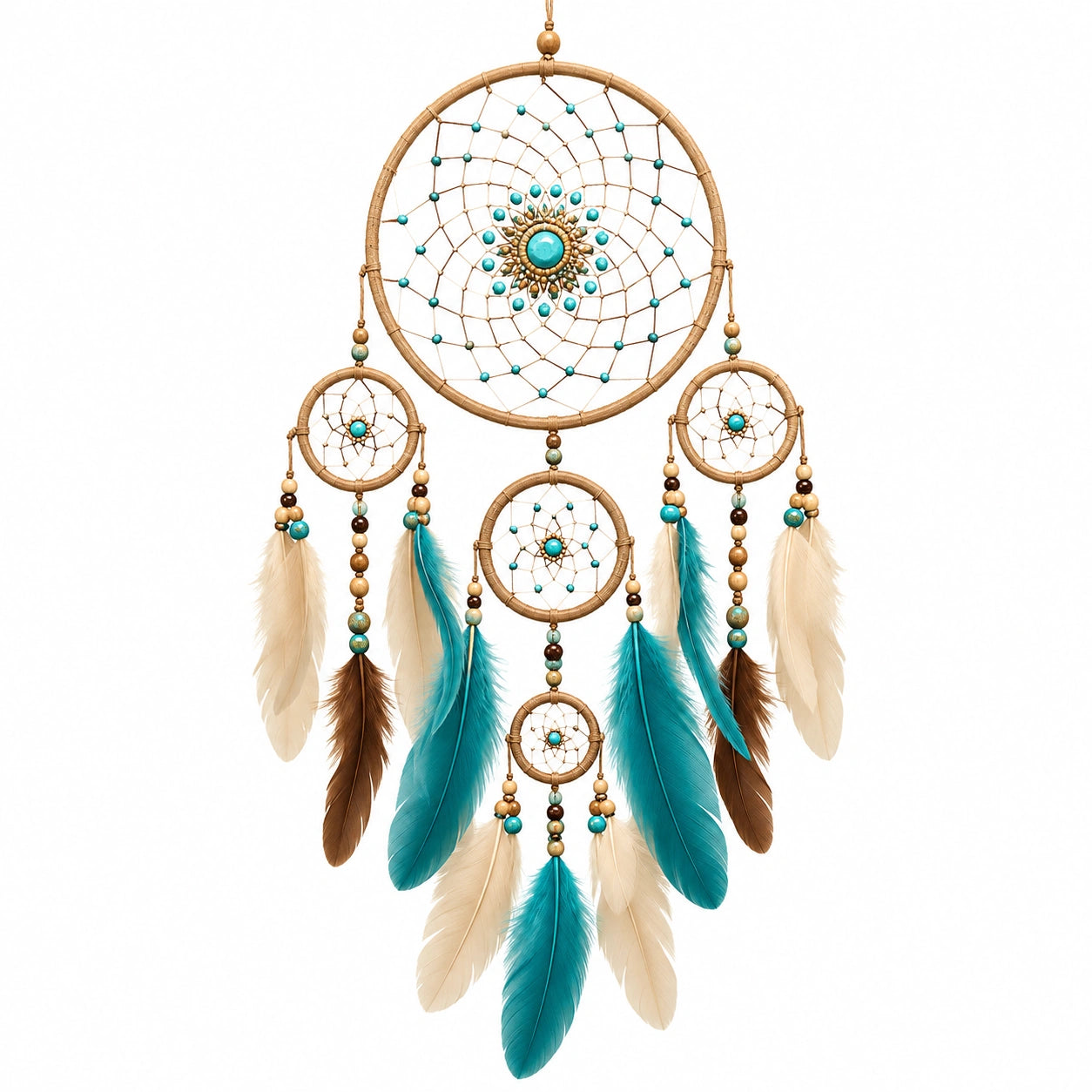 Attrape-rêves mural 45 x 100 cm en fibres et perles turquoise beige style bohème