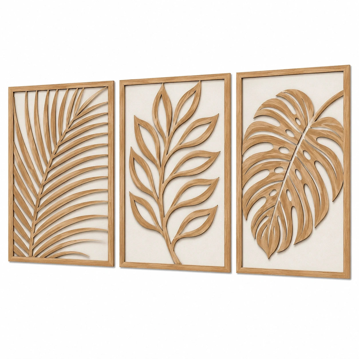 Décoration murale triptyque 40 x 80 cm en bois beige style botanique