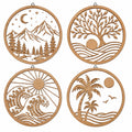Décorations murales rondes 30 cm en bois naturel motifs paysages lot de 4