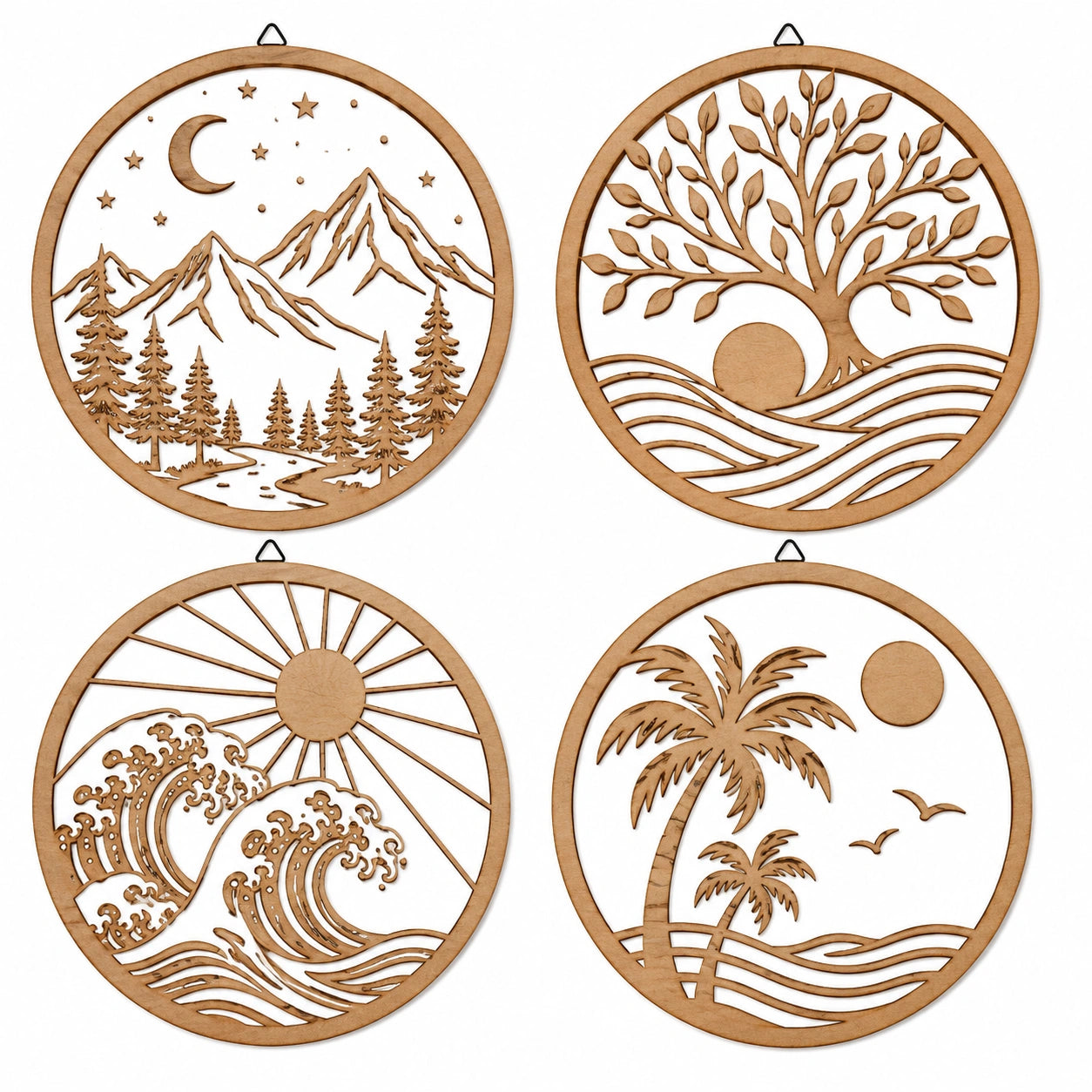 Décorations murales rondes 30 cm en bois naturel motifs paysages lot de 4