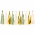 Guirlande décorative 200 cm en papier vert sauge ivoire et doré à pompons pour fête