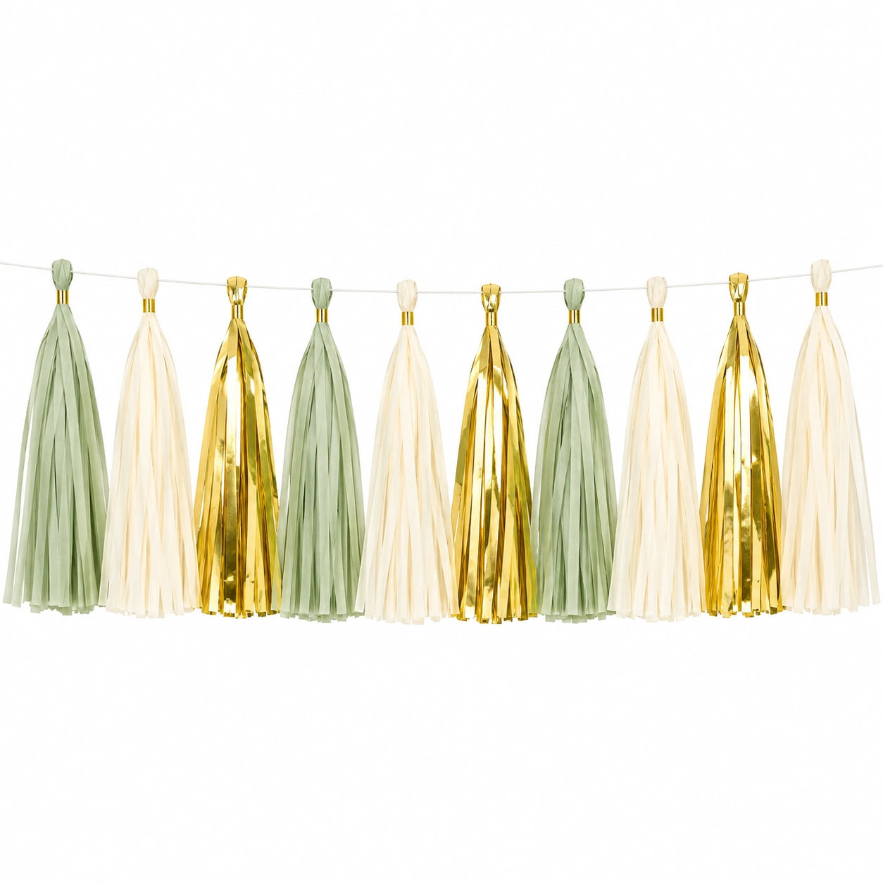 Guirlande décorative 200 cm en papier vert sauge ivoire et doré à pompons pour fête