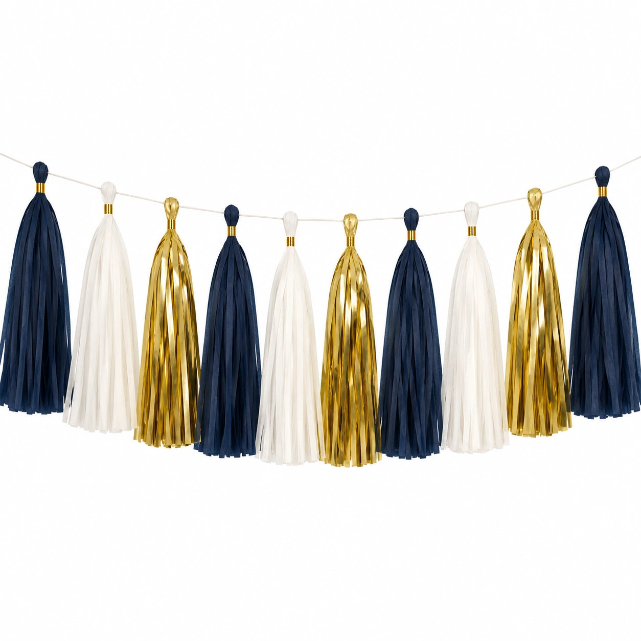 Guirlande à pompons 180 x 40 cm en papier bleu marine blanc doré décoration de fête