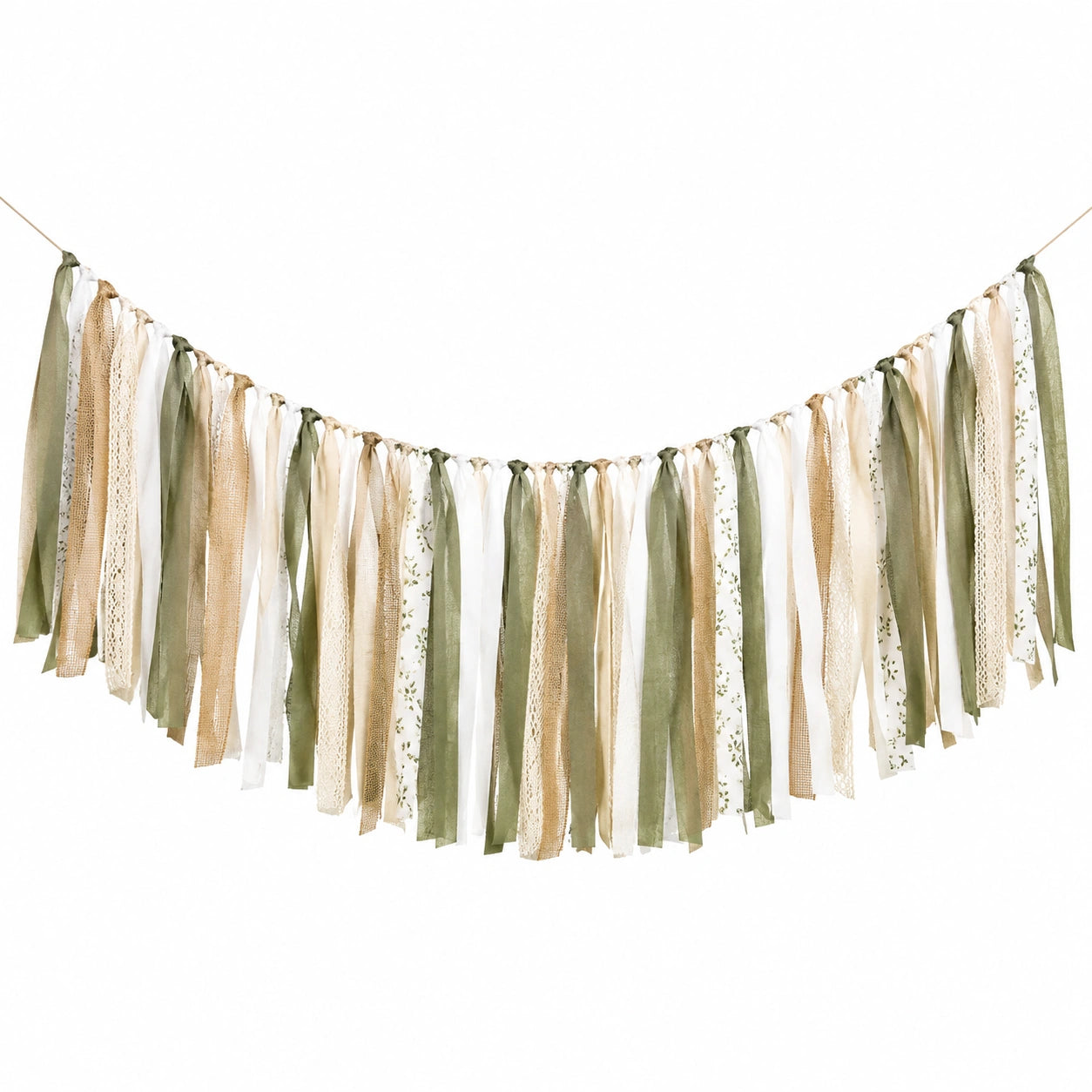 Guirlande décorative 200 cm x 75 cm en rubans textile vert blanc beige style rustique