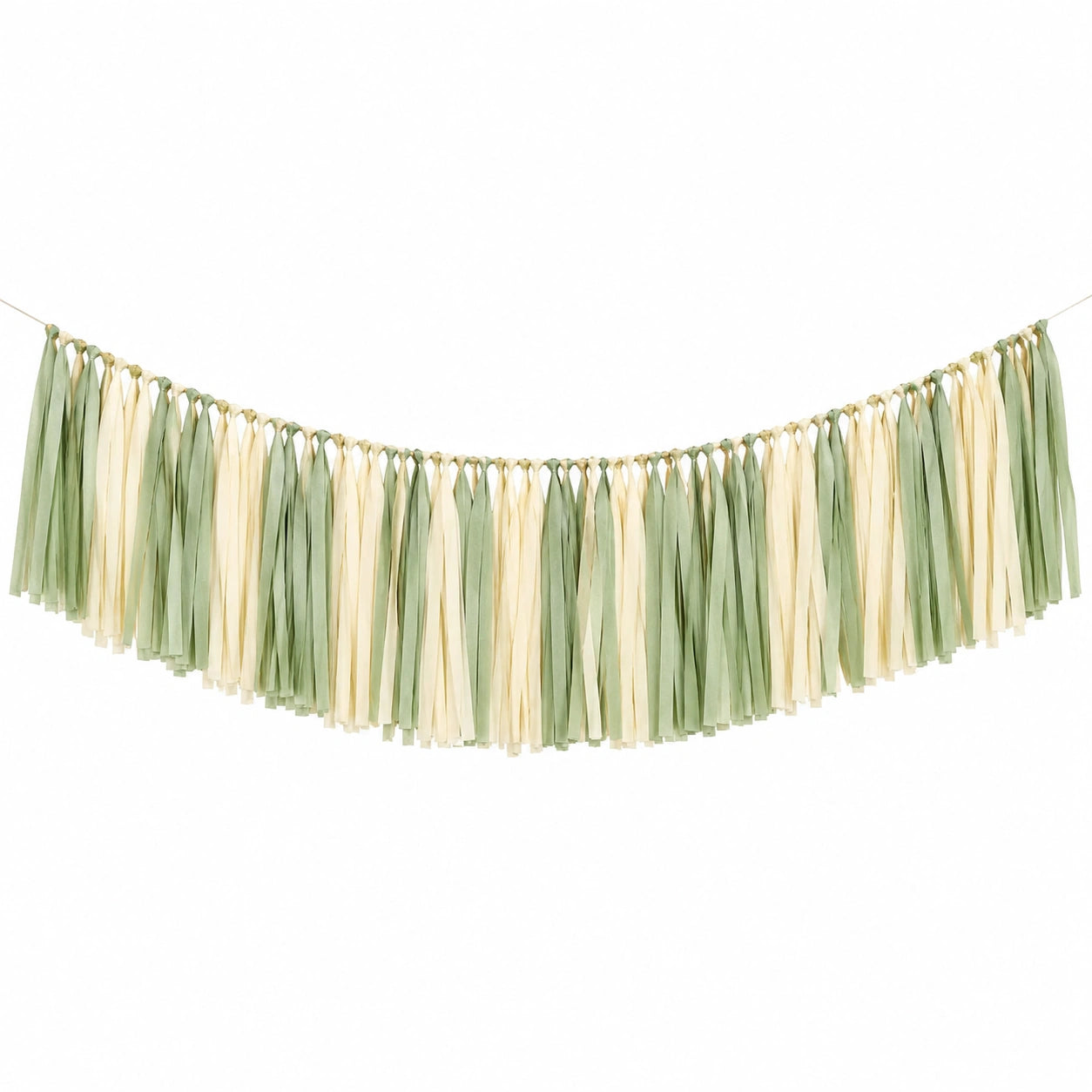 Guirlande à franges 180 x 40 cm en papier vert sauge et ivoire pour décoration de fête bohème