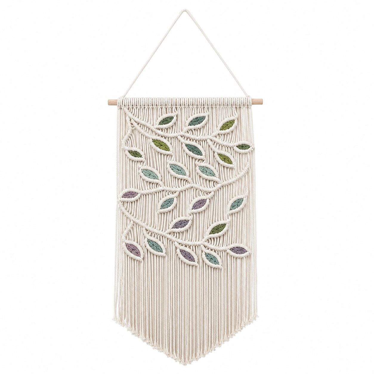 Décoration murale macramé 40 x 85 cm coton écru motif feuilles style bohème