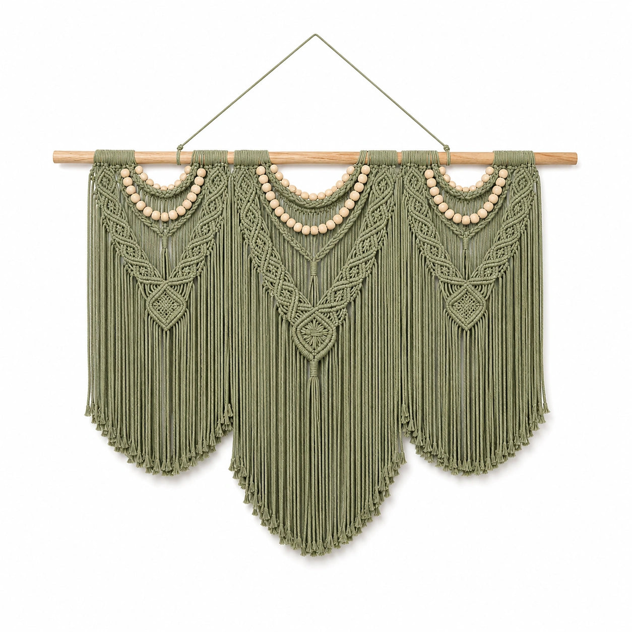 Tenture murale macramé 100 x 95 cm coton vert sauge avec franges style bohème