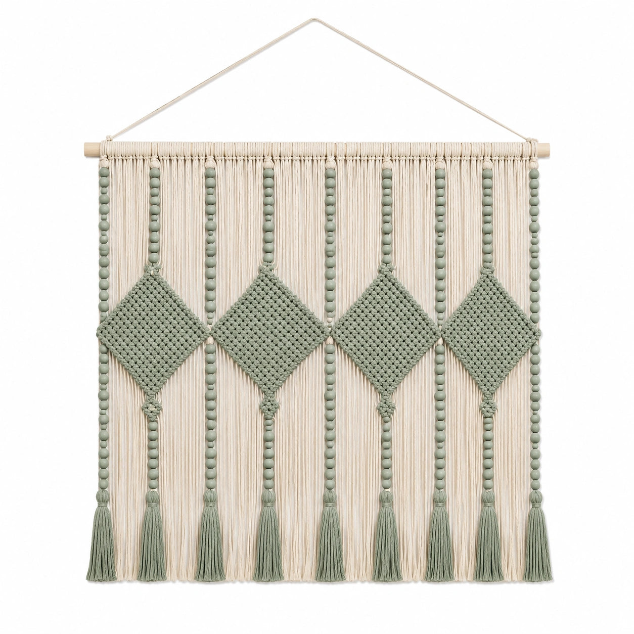 Décoration murale en macramé 60 x 85 cm coton vert sauge style bohème