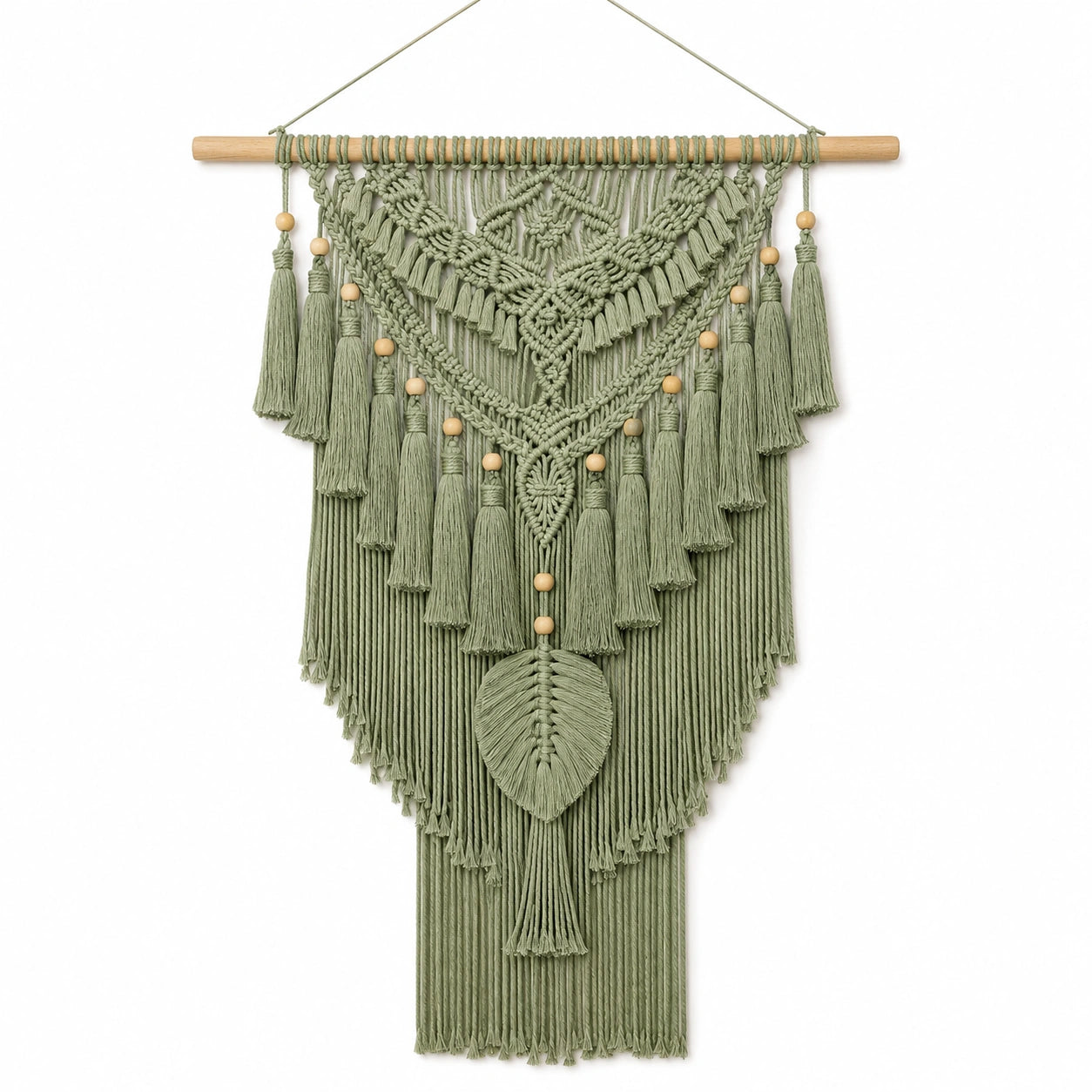 Tenture murale macramé 60 x 100 cm en coton vert sauge avec franges style bohème