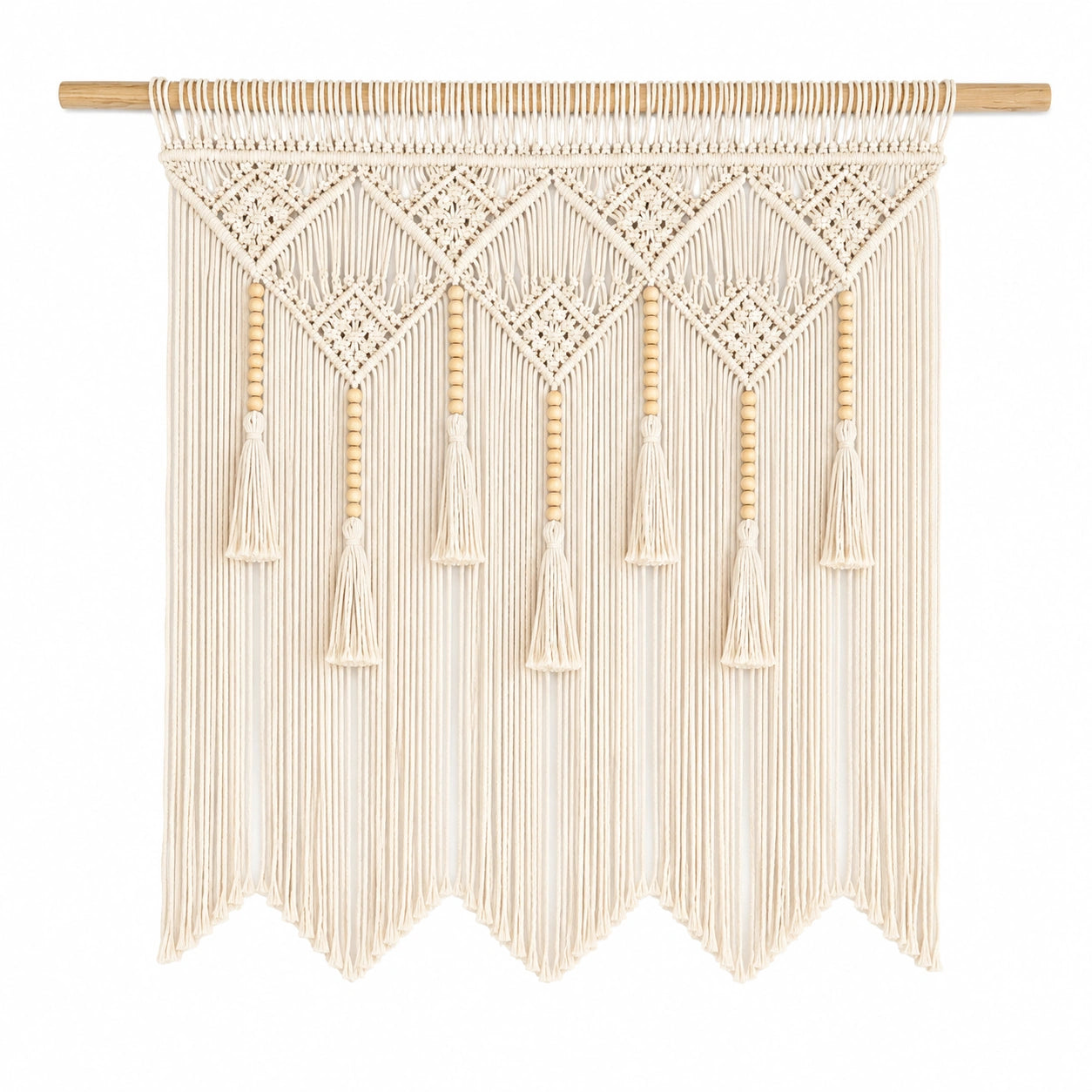 Tenture murale 110 x 100 cm en coton écru avec barre en bois style bohème