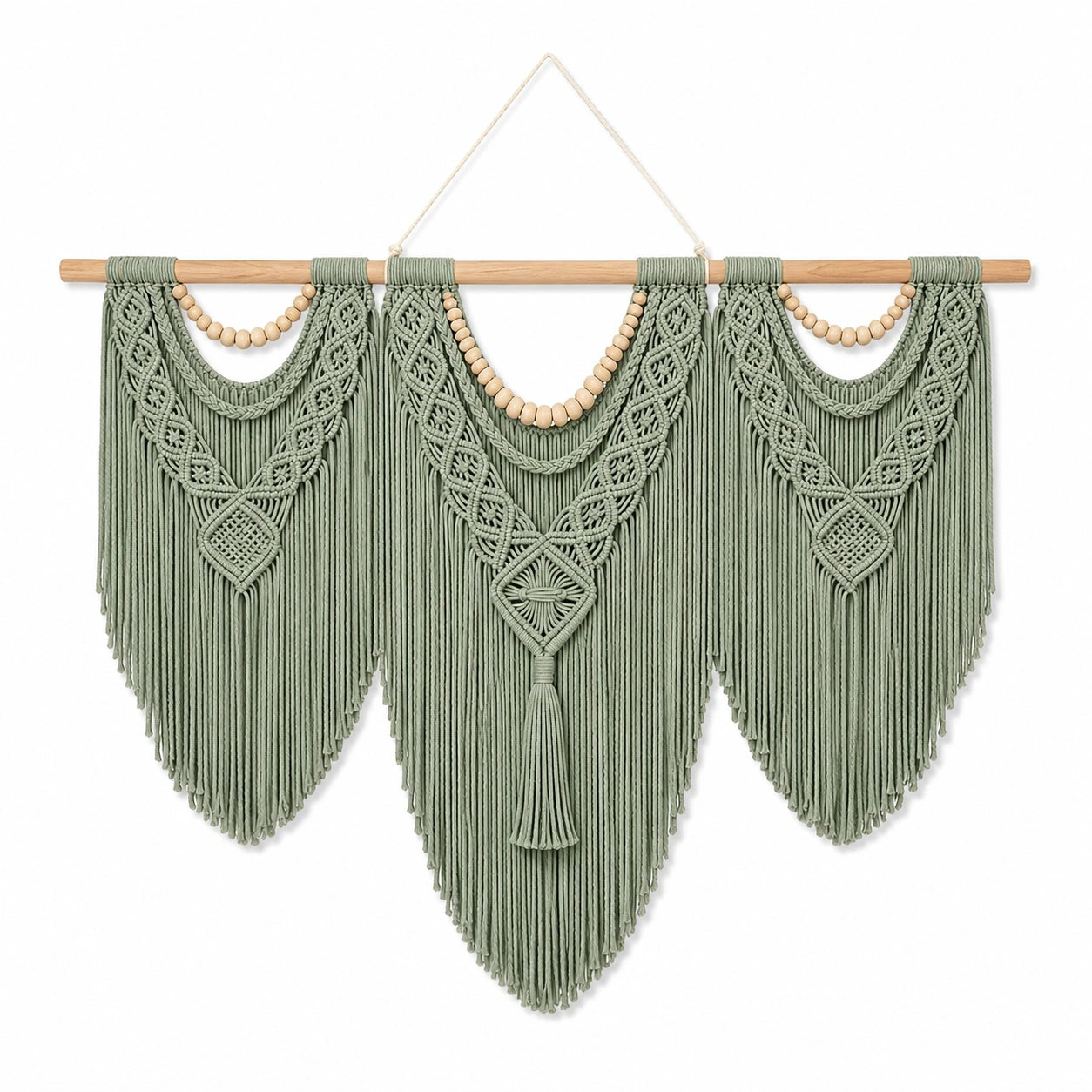 Décoration murale macramé 100 x 100 cm coton vert sauge style bohème