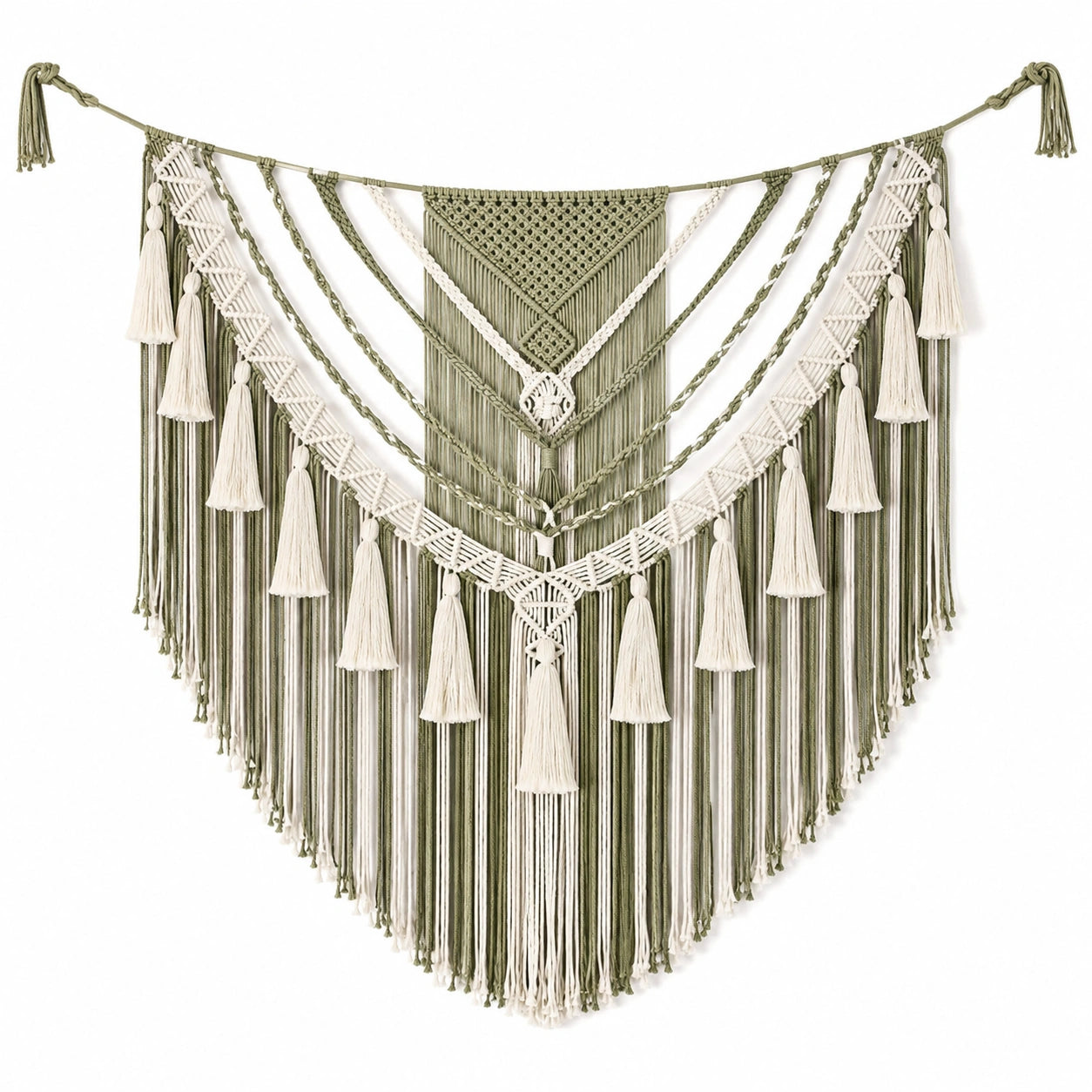 Tenture murale 100 x 110 cm en coton vert sauge et écru décoration bohème