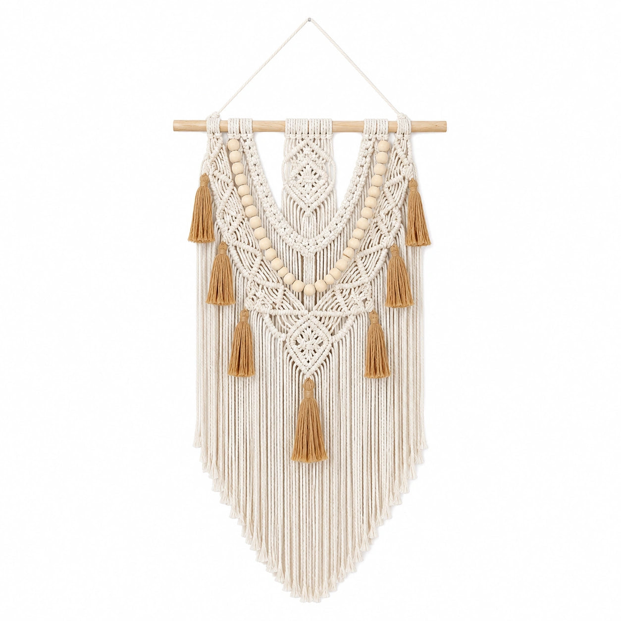 Tenture murale en macramé 50 x 95 cm coton écru et bois style bohème
