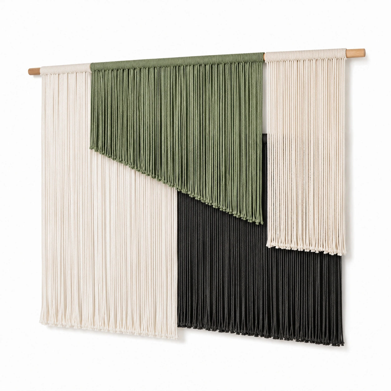 Tenture murale en coton 100 x 110 cm vert ivoire noir avec barre en bois - décoration tissée à franges