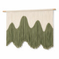 Tenture murale 100 x 95 cm en coton vert et écru - décoration tissée à franges