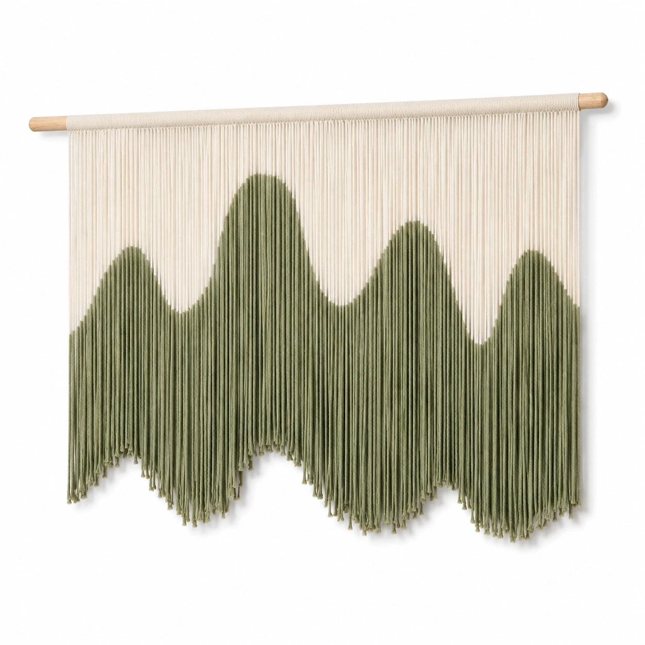 Tenture murale 100 x 95 cm en coton vert et écru - décoration tissée à franges