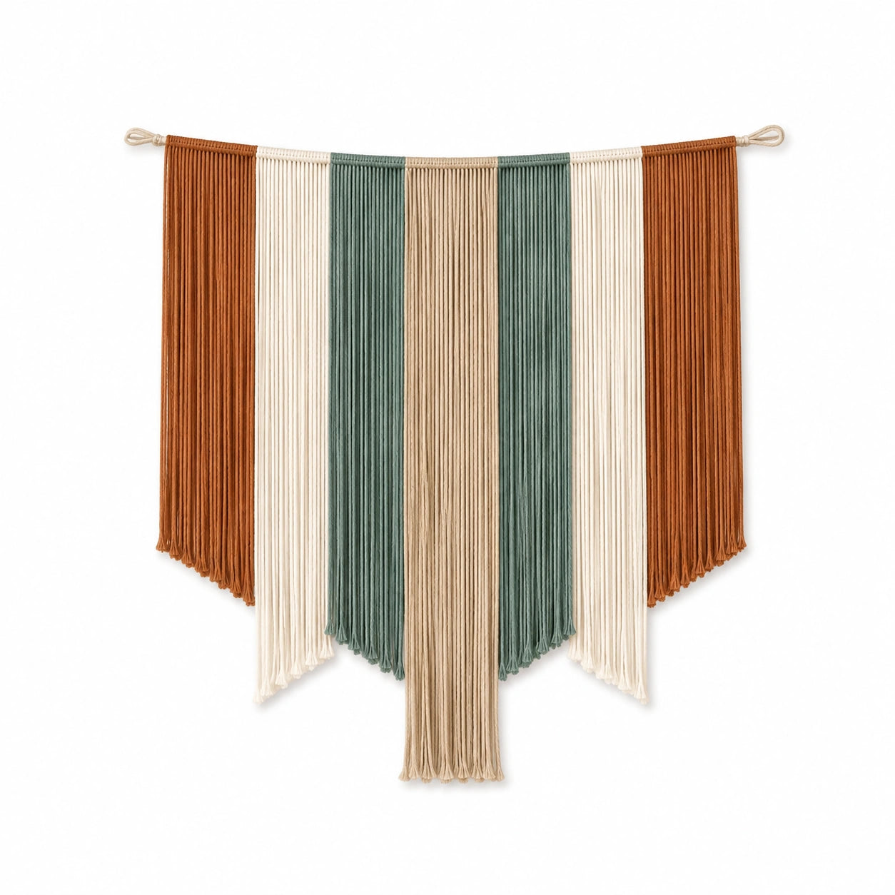 Suspension murale à franges 90 x 90 cm en coton marron blanc vert sauge beige style bohème