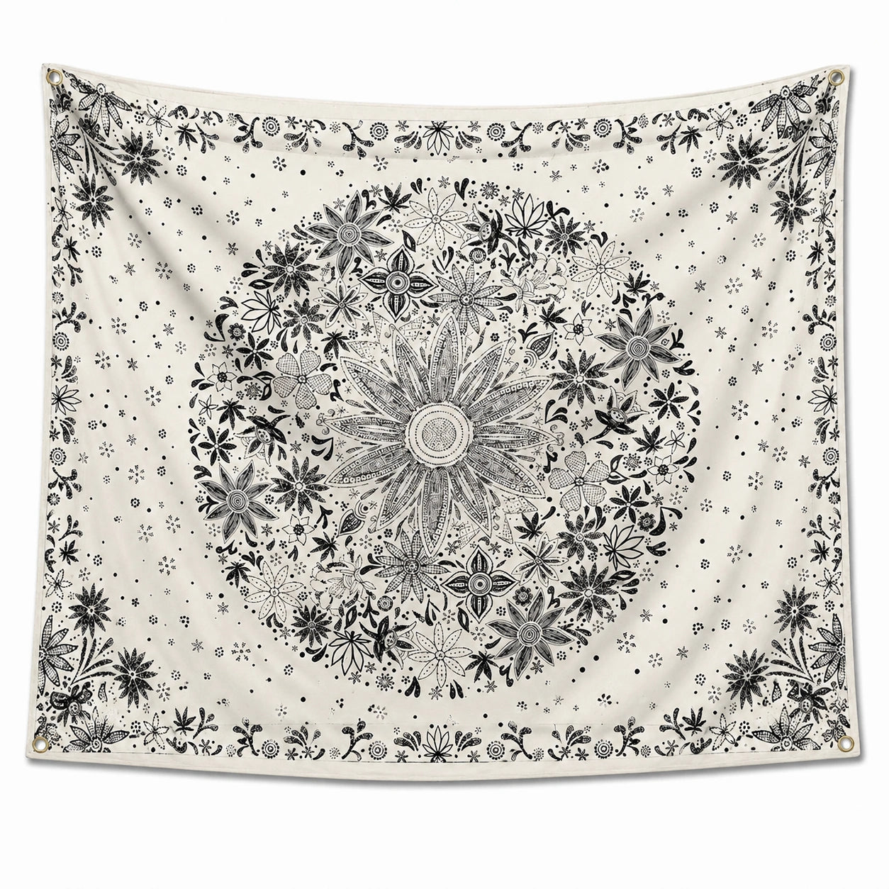 Tenture murale 150 x 150 cm en polyester blanc et noir à motif floral avec œillets