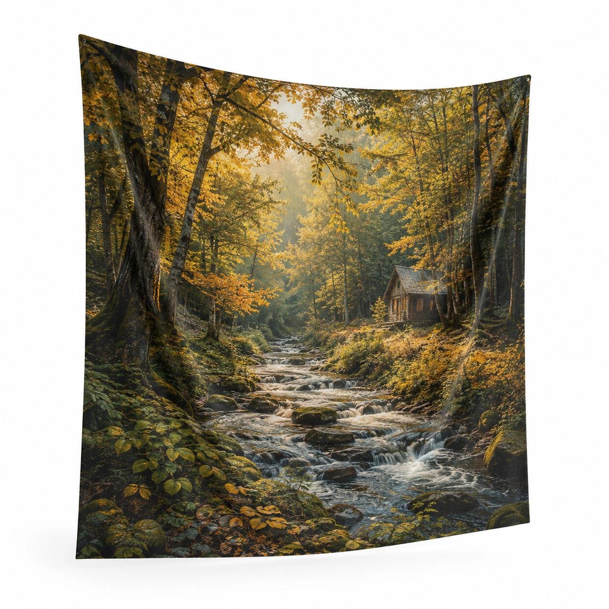Tenture murale 150 x 130 cm en polyester vert marron jaune décor forêt automnale