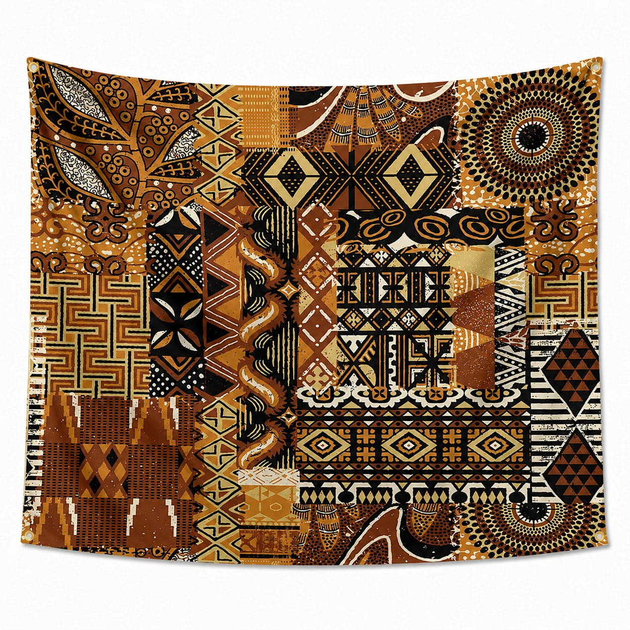 Tapisserie murale 150 x 150 cm en polyester marron noir et beige à motifs géométriques avec œillets