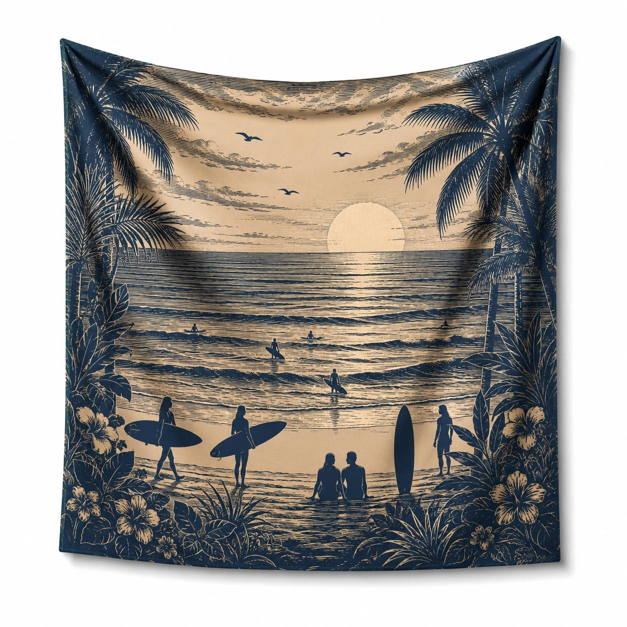 Tenture murale 150 cm x 150 cm en polyester beige bleu marine motif plage surf décorative