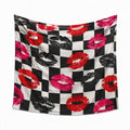 Tapisserie murale 150 x 150 cm en polyester noir blanc rouge rose à motif damier et lèvres décorative