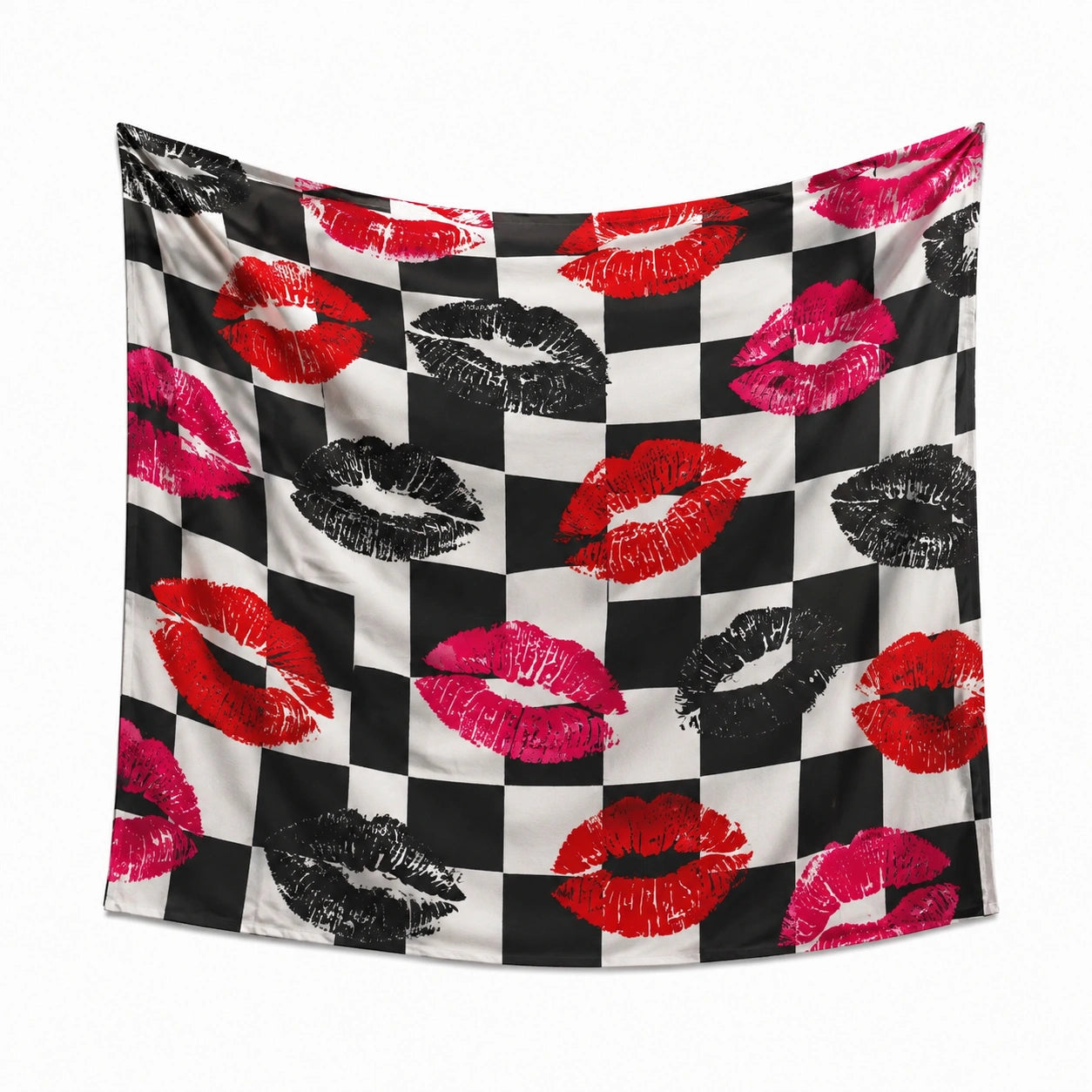 Tapisserie murale 150 x 150 cm en polyester noir blanc rouge rose à motif damier et lèvres décorative